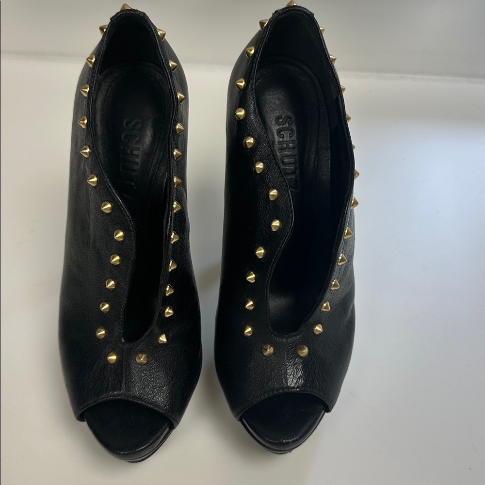 SCHUTZ Black Peep Toe Heels with Gold Accents